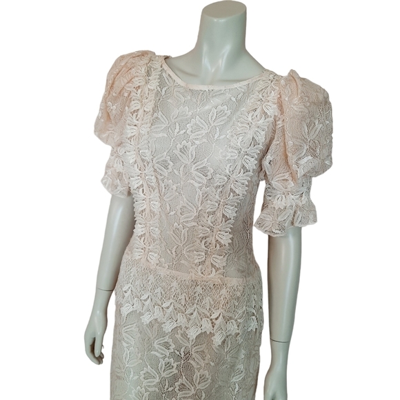 Vintage Early 90s Sheer Lace Dress size Small Puff Sleeve Drop Waist Unlined - Picture 3 of 9